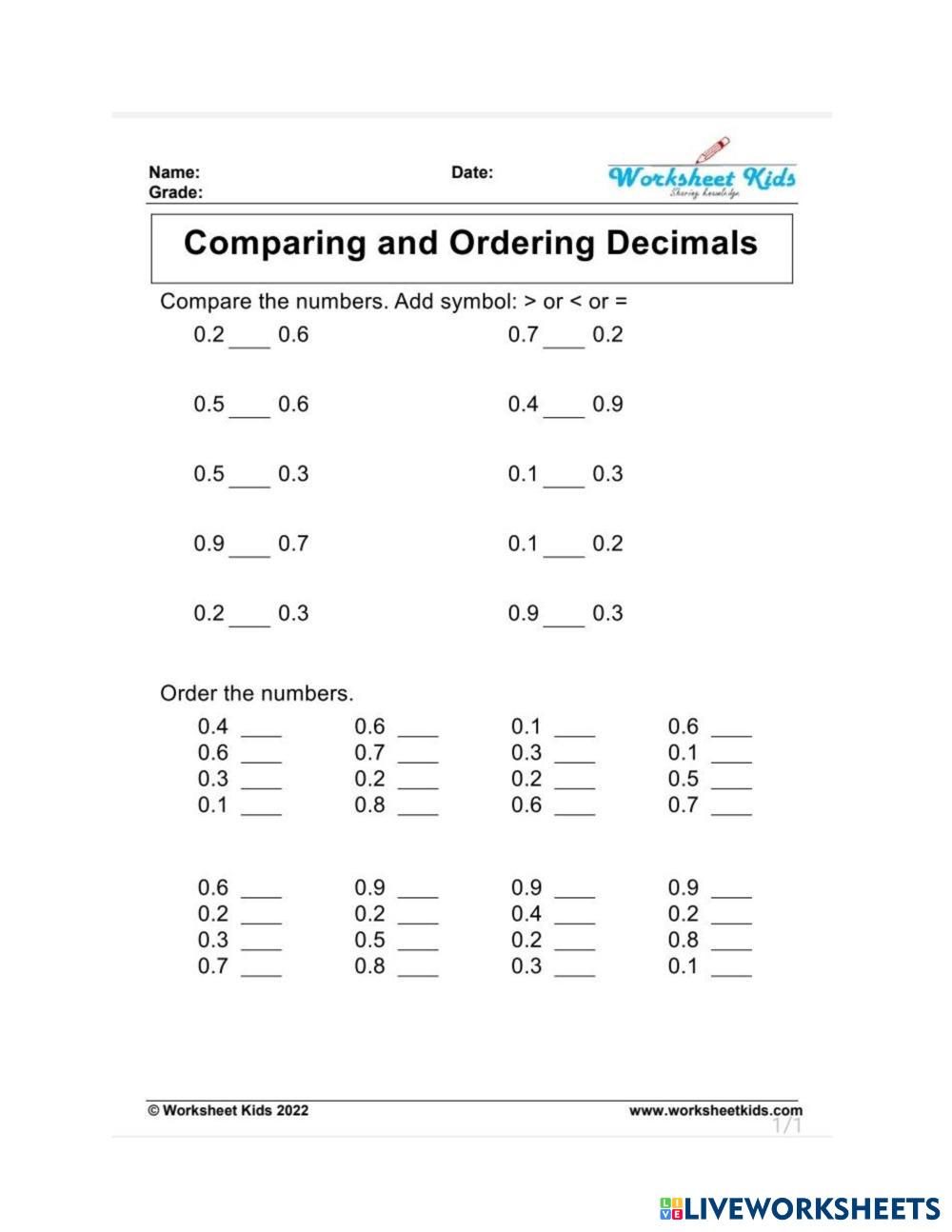 Comparing and Ordering Decimals Live Worksheets