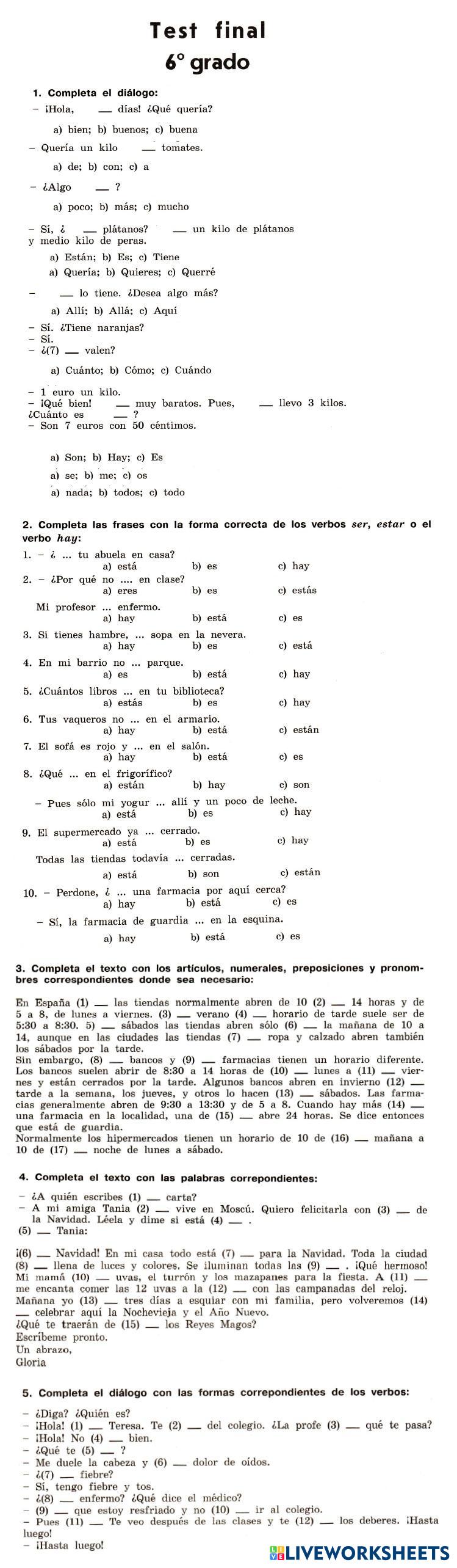 Mañana 5-6 test final 6 grado | Live Worksheets
