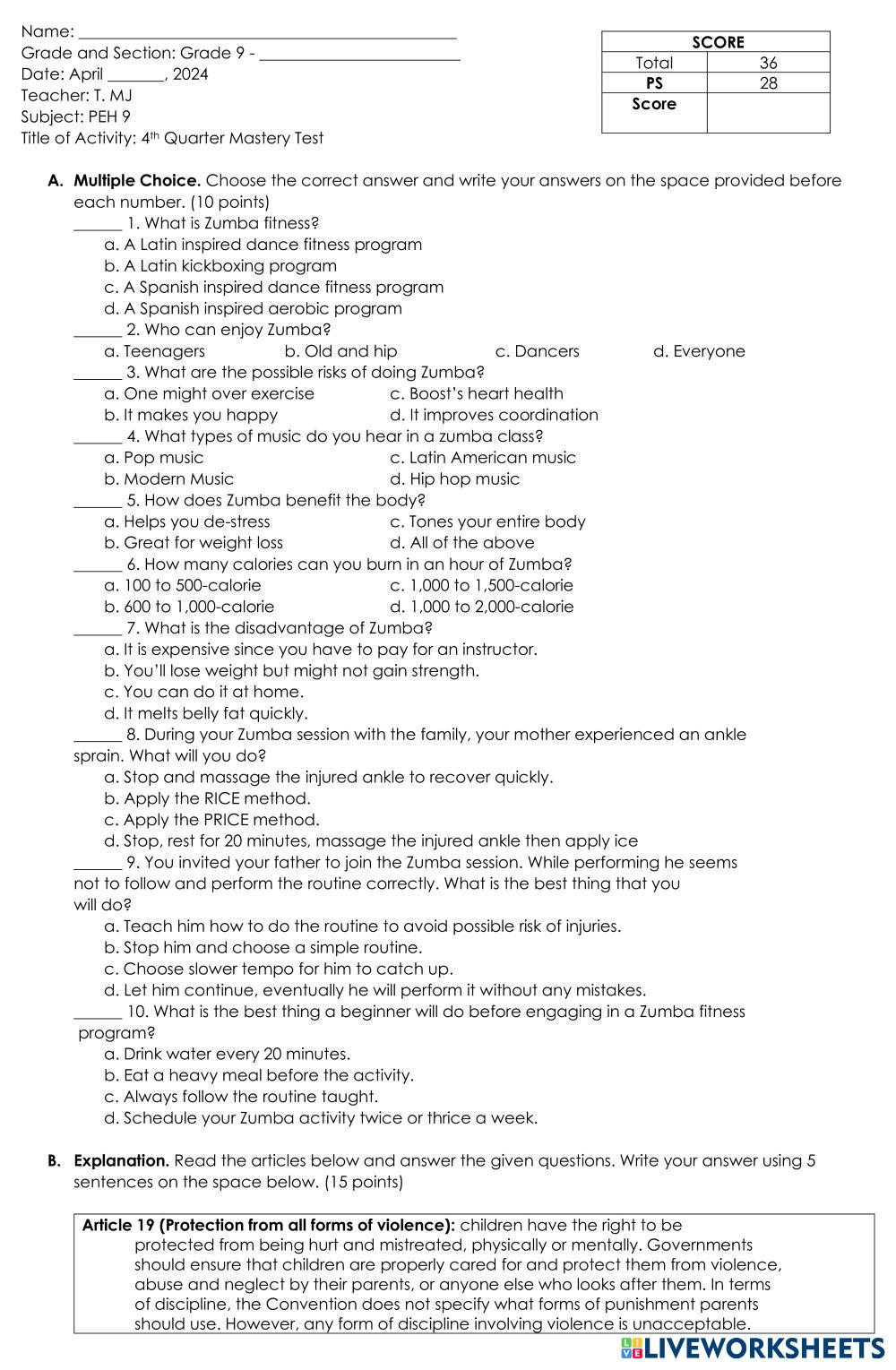 PEH 9 4th Qtr. Mastery Test Live Worksheets