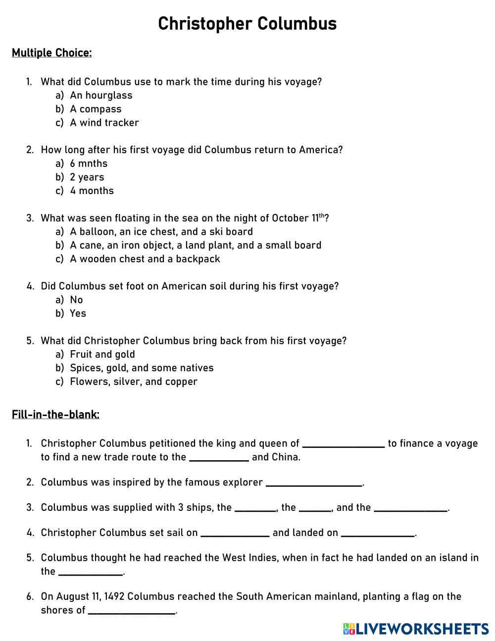 Christopher columbus live worksheets