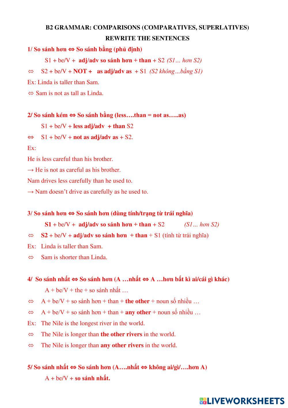 7676493 | B2 Comparisons Rewrite the sentences | Nguyễn