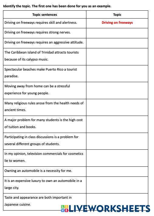 Chapter 1 - Practice 2 - Identifying the topic | Live Worksheets