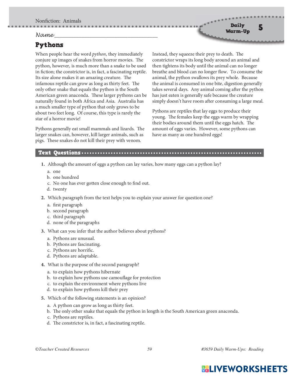 DAILY 8 - ANIMALS - PYTHONS | Live Worksheets