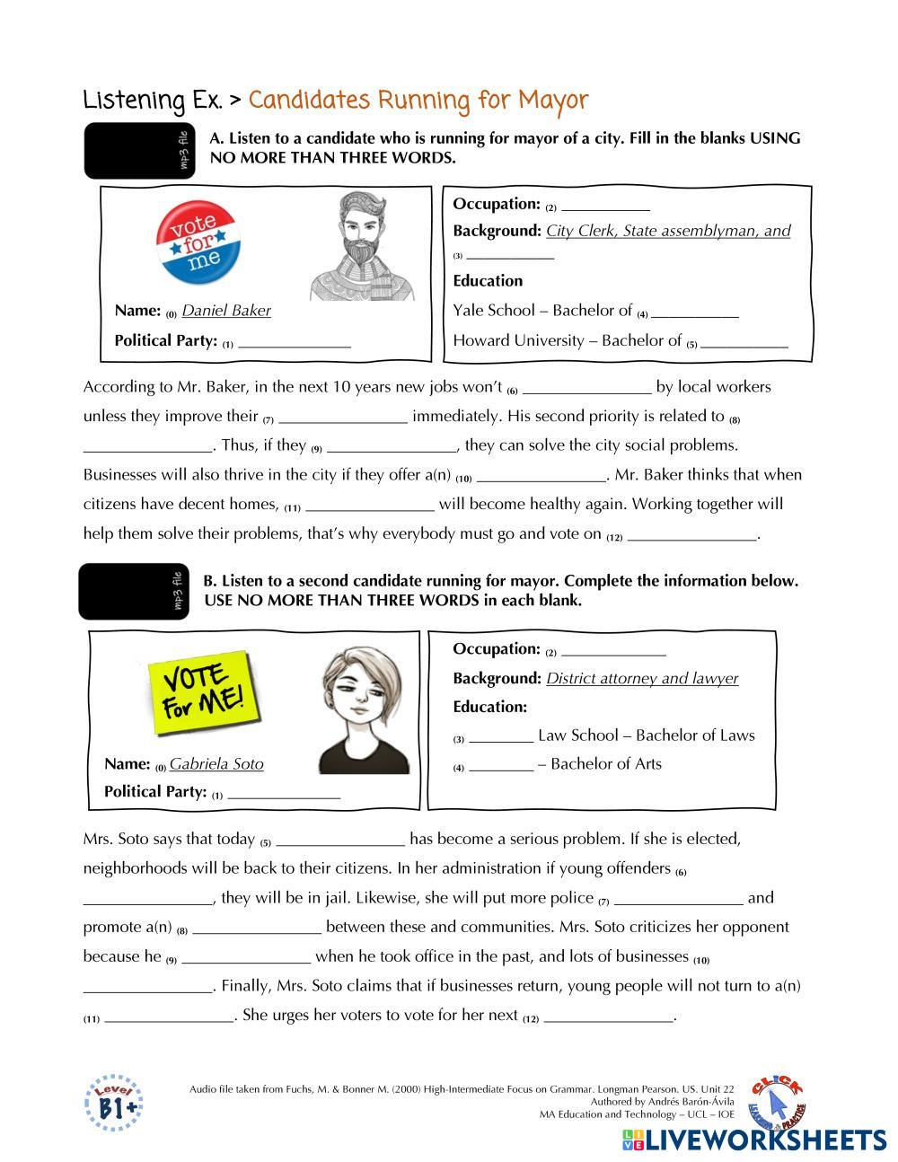 Listening Ex. > Candidates Running for Mayor | Live Worksheets