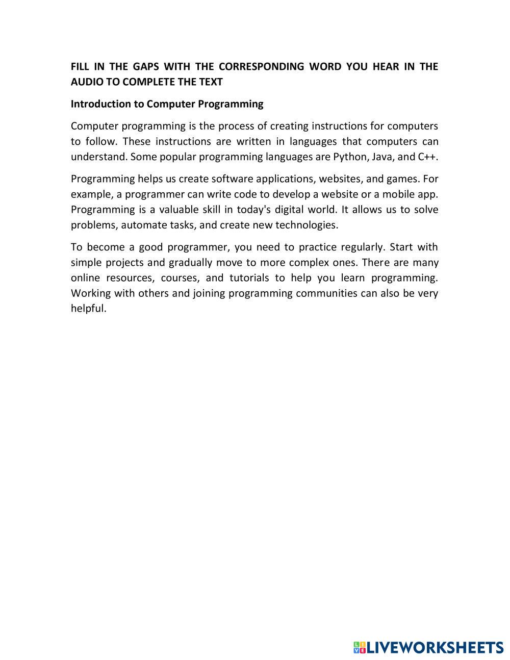 COMPUTER PROGRAMMING | Live Worksheets