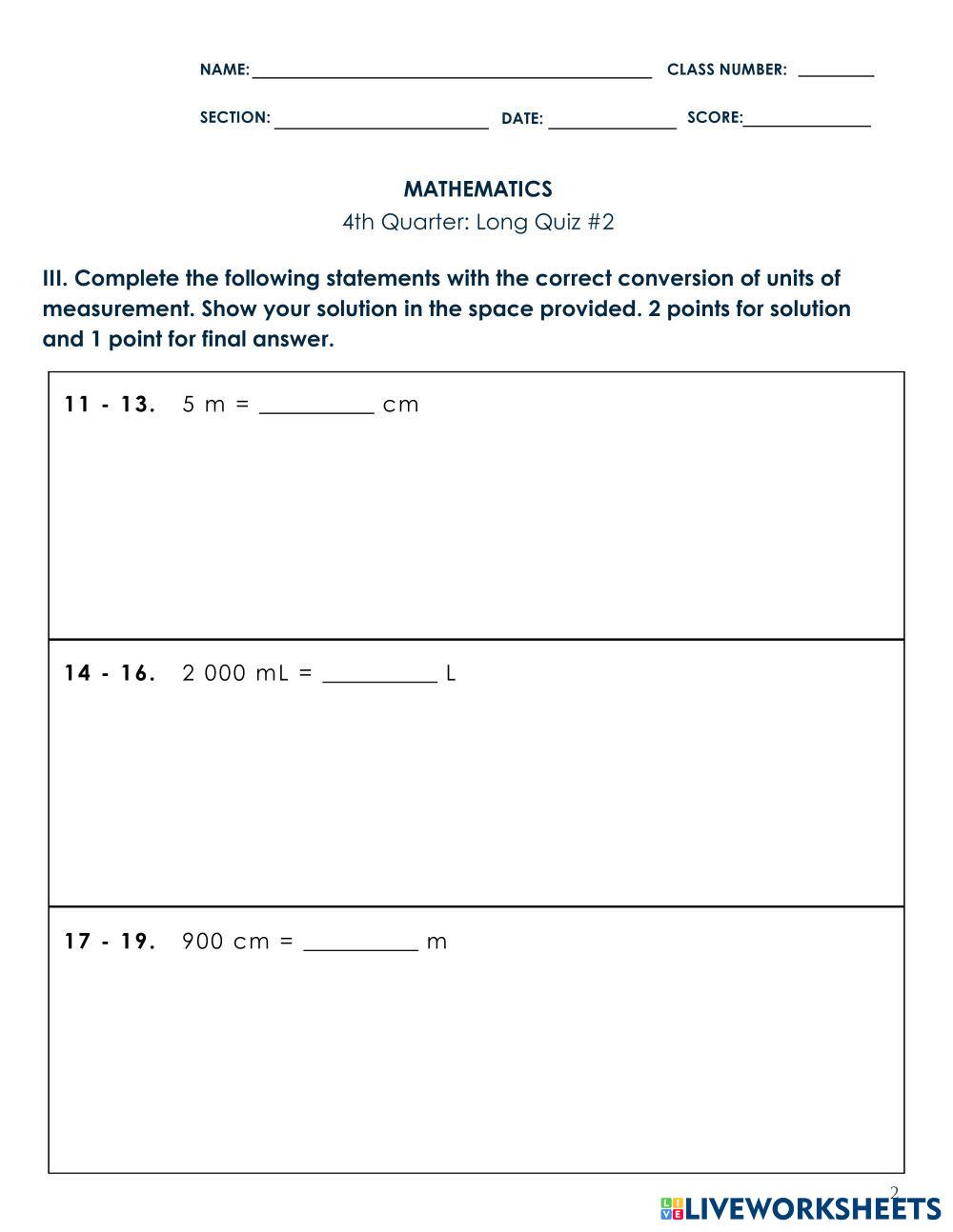 Conversion of Common Units of Measurement | Live Worksheets
