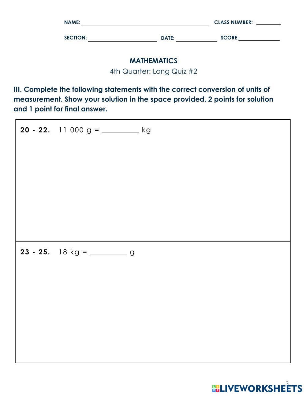 Conversion of Common Units of Measurement | Live Worksheets