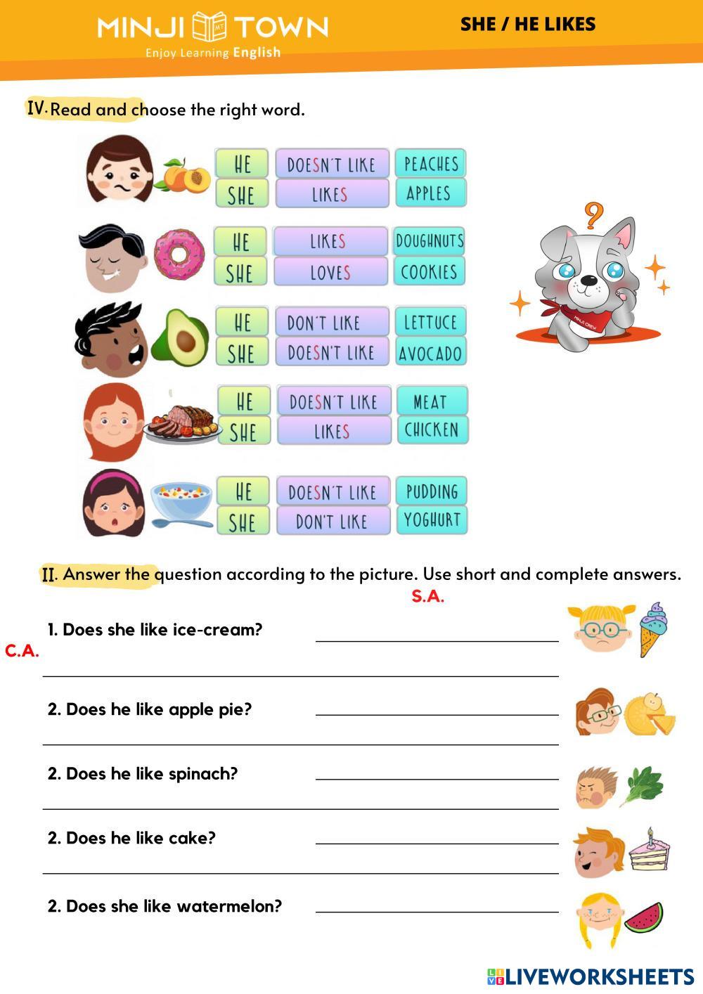 SHE HE LIKES | Live Worksheets