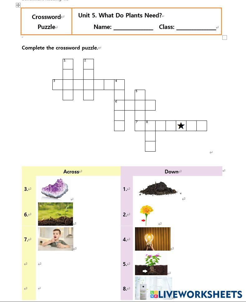 Crossword Unit 5: What Do Plants Need? Live Worksheets