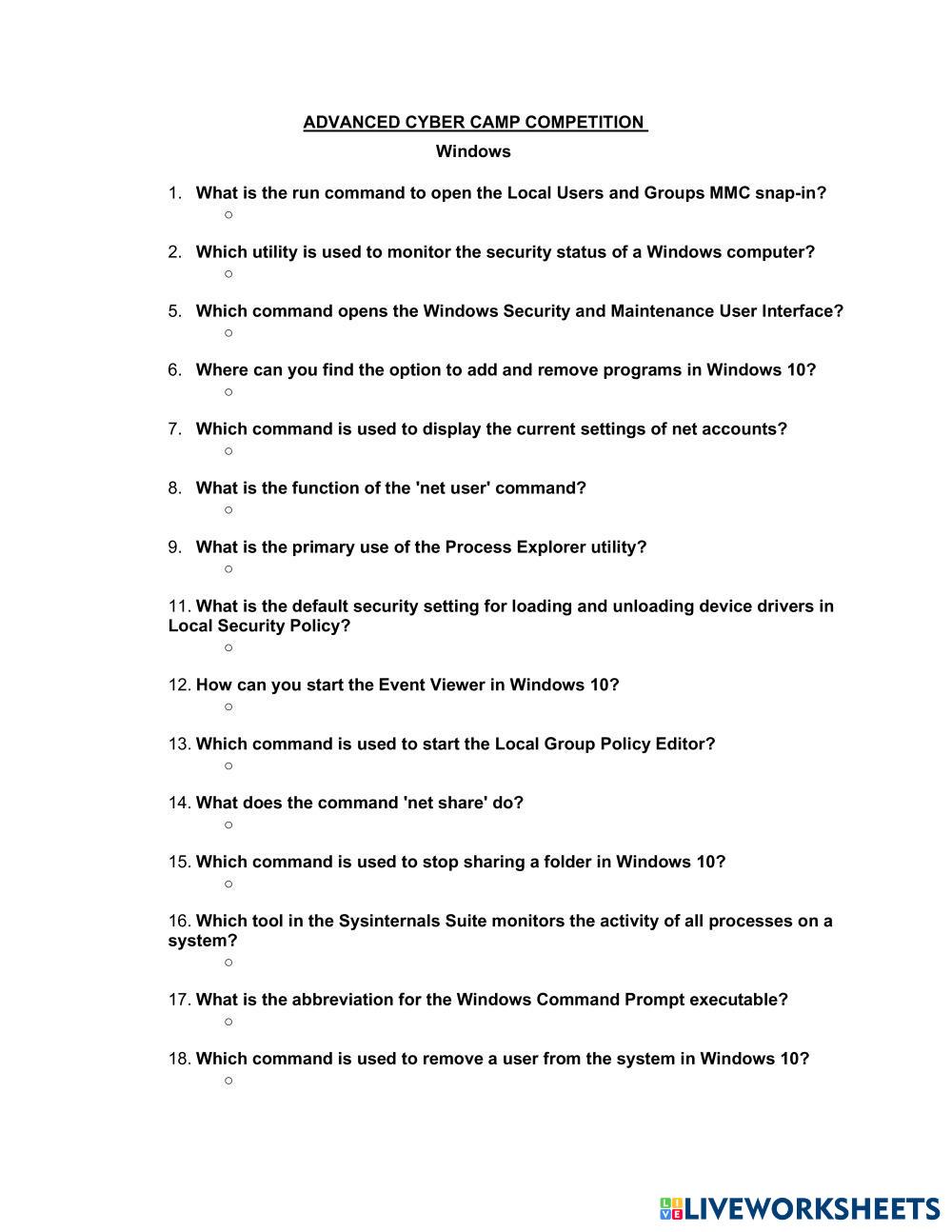 Advanced camp competition windows live worksheets