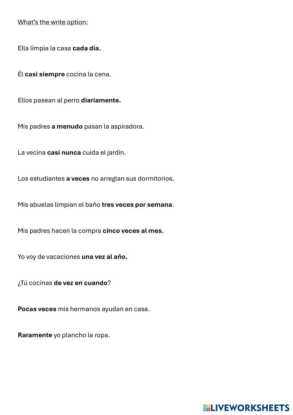 Adverbios de frecuencia Live Worksheets