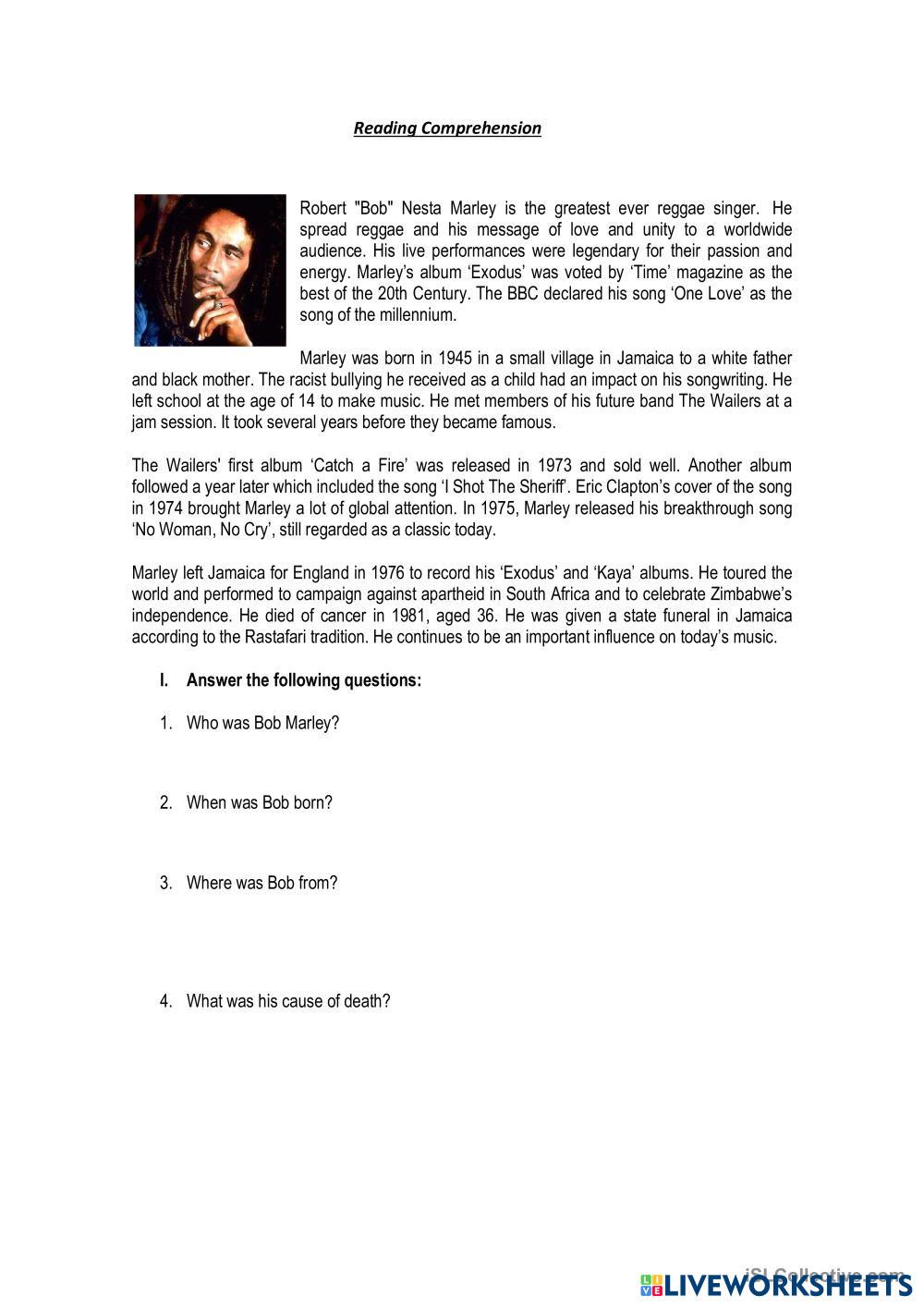 Bob Marley Free Interactive Worksheets 7754046
