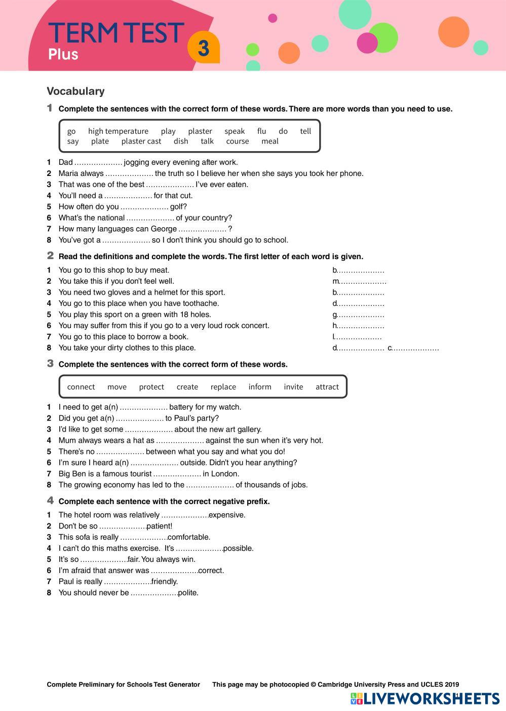 COMPLETE PET UNIT 3 PLUS TEST Live Worksheets