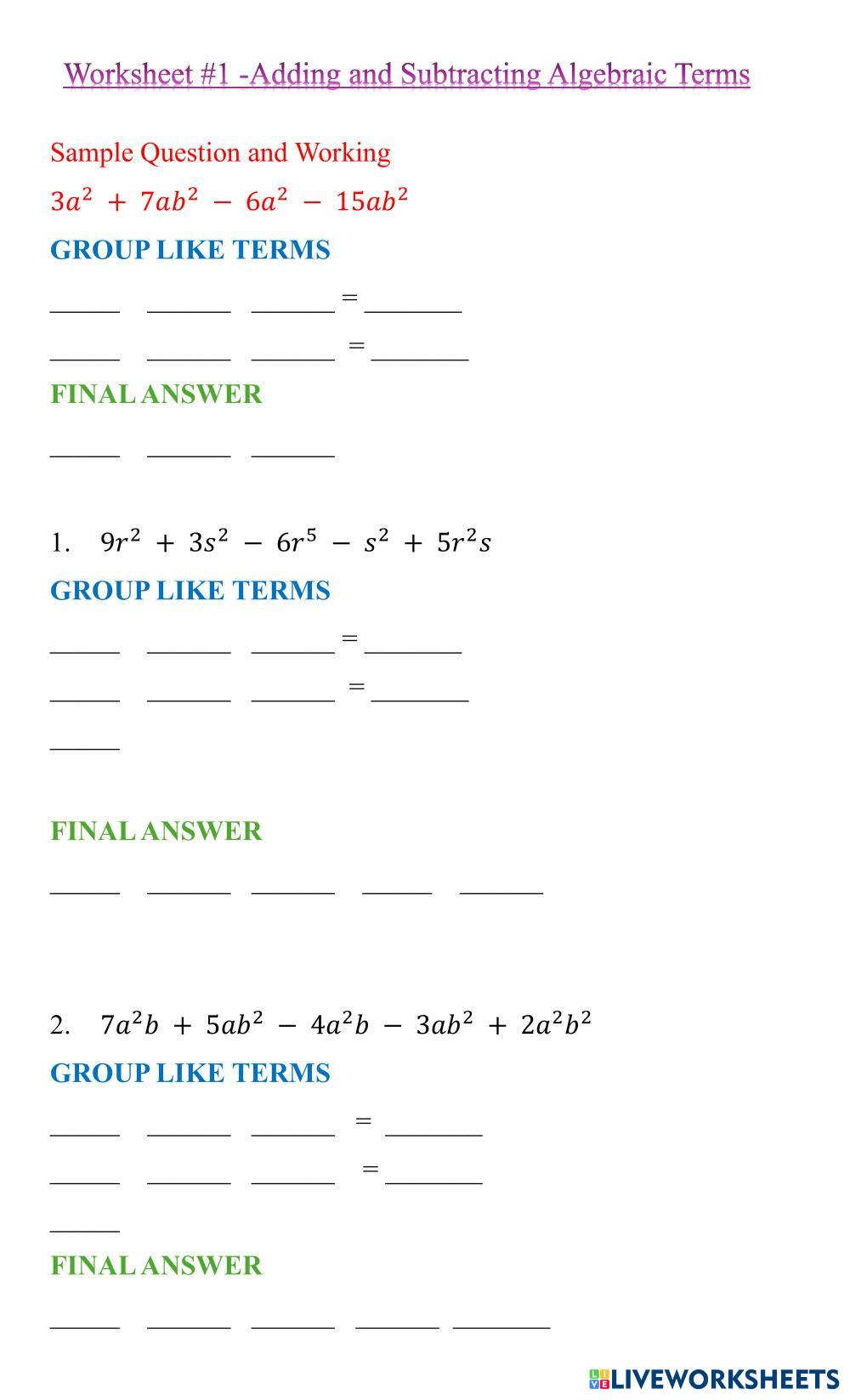 8067409 | Adding and Subtracting Algebraic Terms