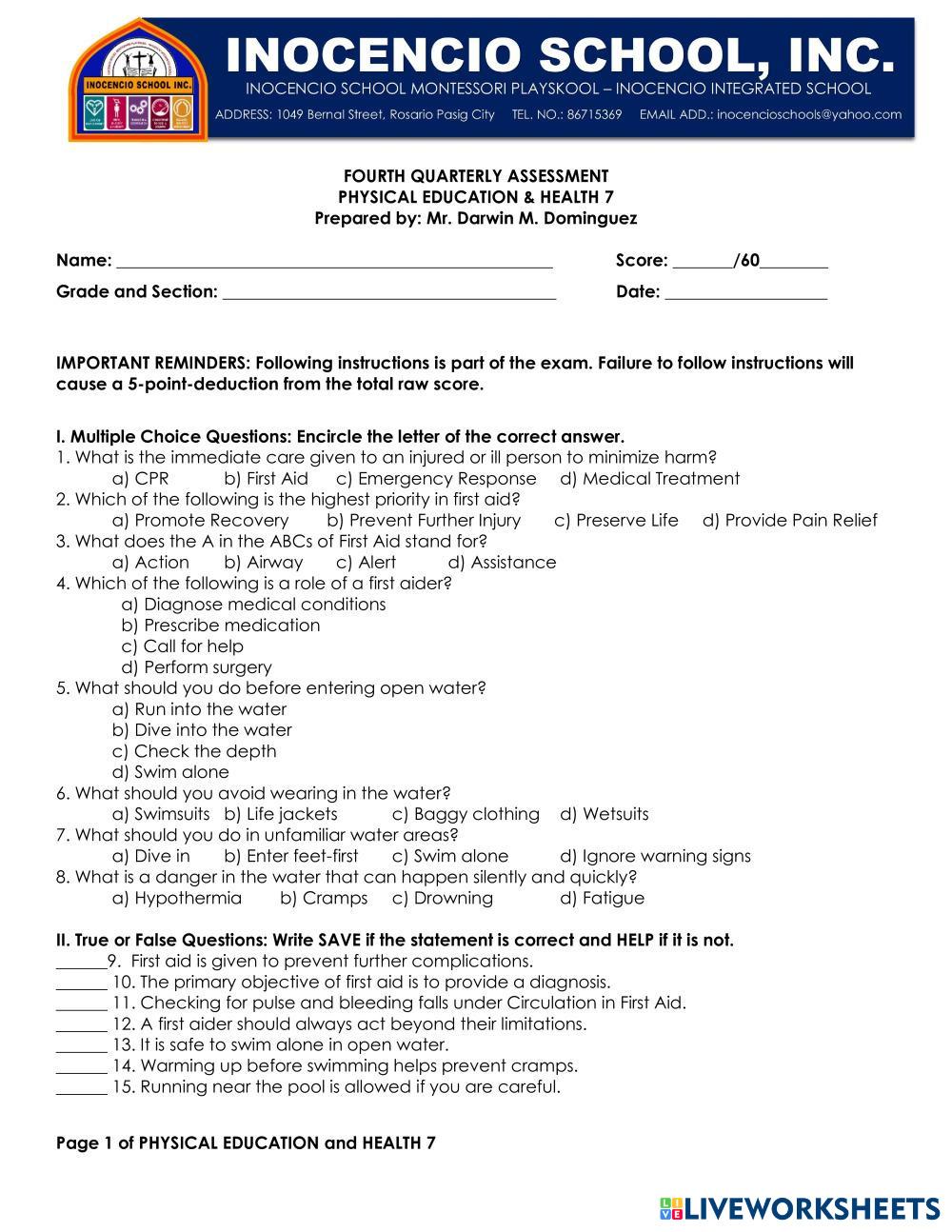 PE AND HEALTH 7 Free Interactive Worksheets 8083641