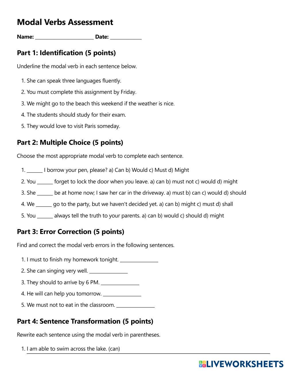 Modal Verbs Assessment | LiveWorksheets | 8109126