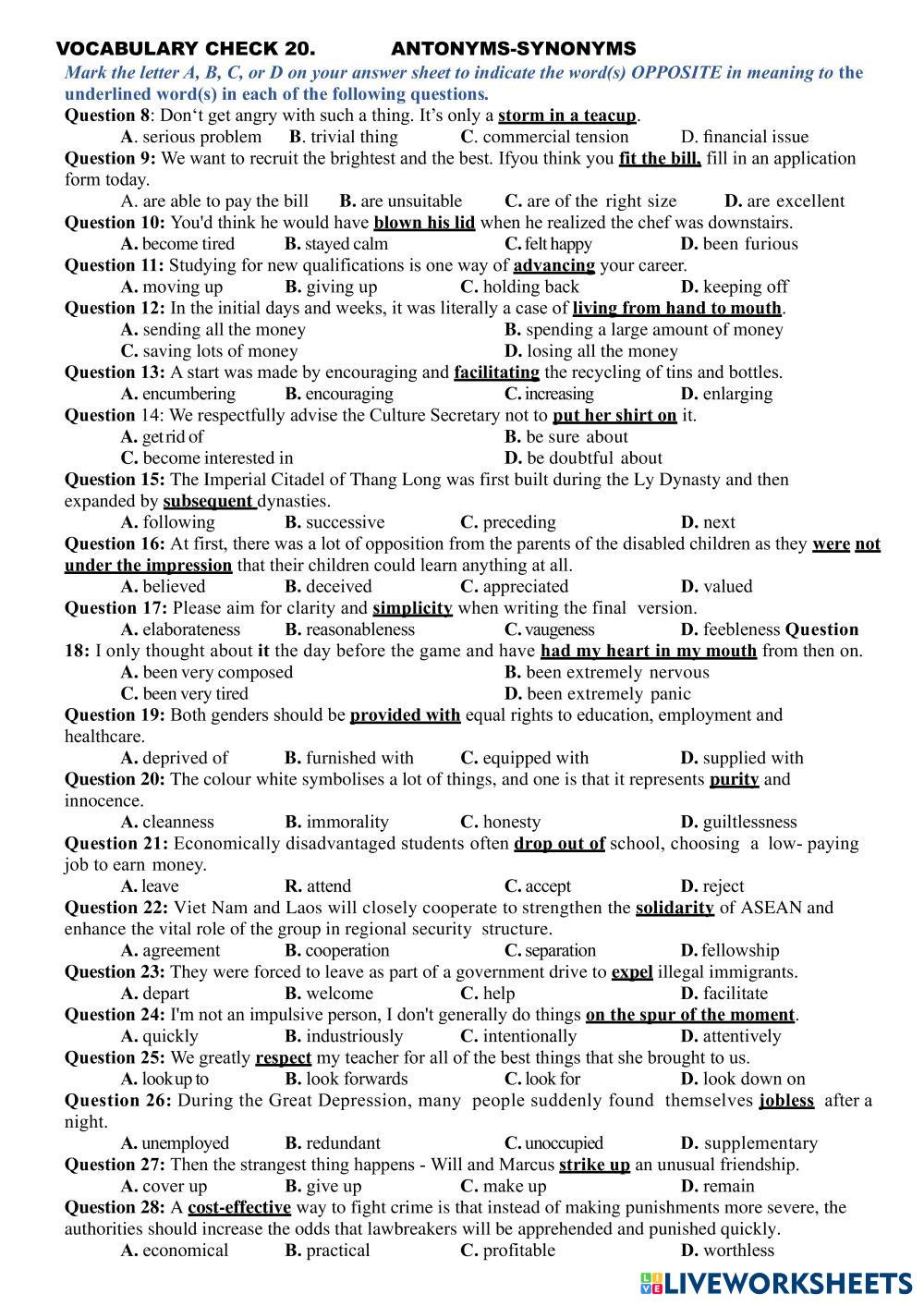 8142110 | VOCABULARY CHECK 20. ANTONYMS - SYNONYMS