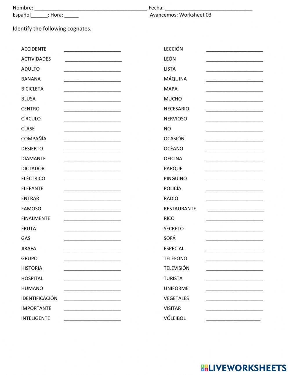 Los Cognados English Language Worksheets 8213036