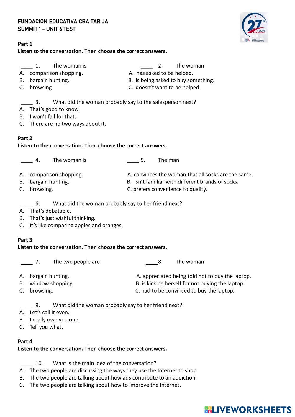 SUMMIT 1 UNIT 7 ESL Worksheets 8218271