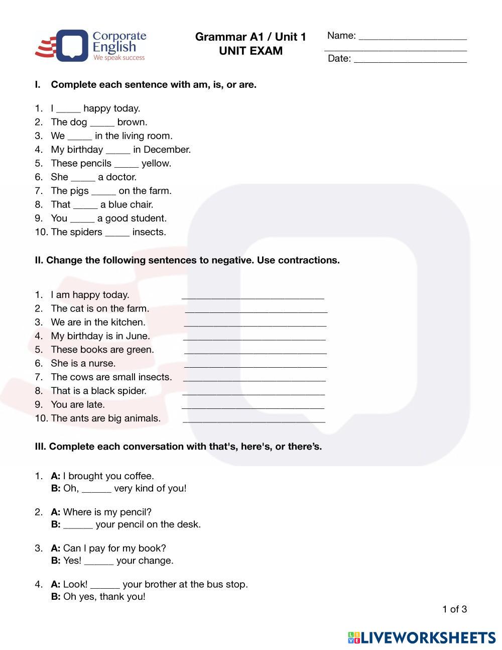 Grammar A1 Unit ESL Worksheets 8219621